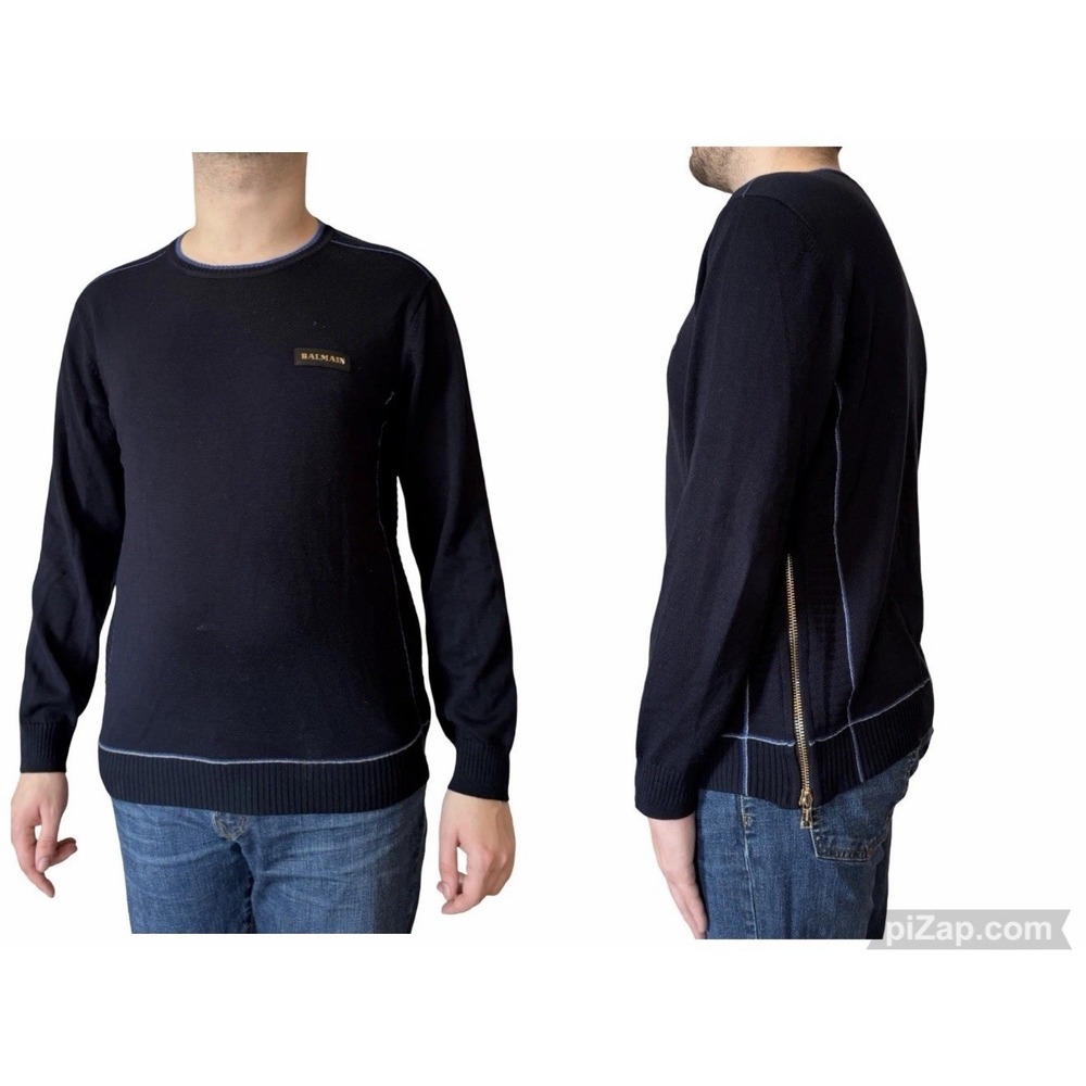 Men's Balmain Navy Blue Cotton Knit Sweater Side Zippers Logo Patch Crew Neck M